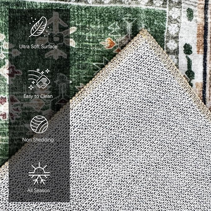 Vintage 5' x 7' Washable Area Rug - Stylish Indoor Rug for Living, Dining or Bedroom - Lightweight Carpet with Non-Slip Backing - Foldable for Easy Placement and Maintenance - Green