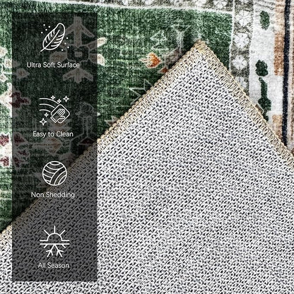 Vintage 4' x 6' Washable Area Rug - Stylish Indoor Rug for Living, Dining or Bedroom - Lightweight Carpet with Non-Slip Backing - Foldable for Easy Placement and Maintenance - Green