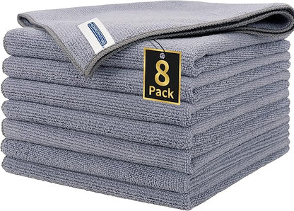 HOMERHYME Microfiber Cleaning Cloth, Premium 8 Pack Cleaning Towels, Lint-Free Streak-Free Ultra Absorbent, 300GSM Reusable Microfiber Towel for Cars Shop Garage Home Kitchen, 12.6" x 12.6" Grey