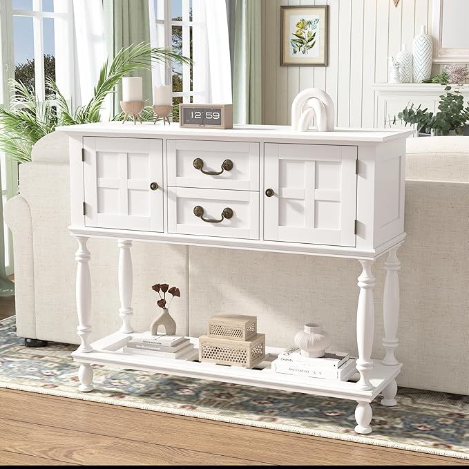 Console Table with Drawers, White Vintage Entryway Tables with Storage and Shelf, Hallway Table with Turned Legs, Narrow Behind Couch Sofa Table for Entryway, Hallway, Living Room