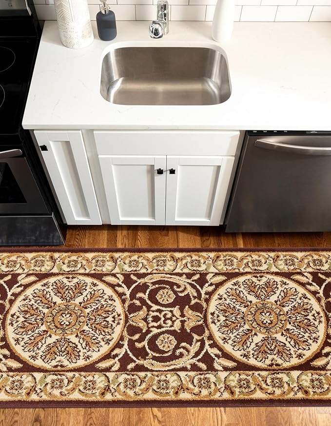 Rugs.com Chateau Collection Rug – 10 Ft Runner Brown Medium-Pile Rug Perfect for Hallways, Entryways