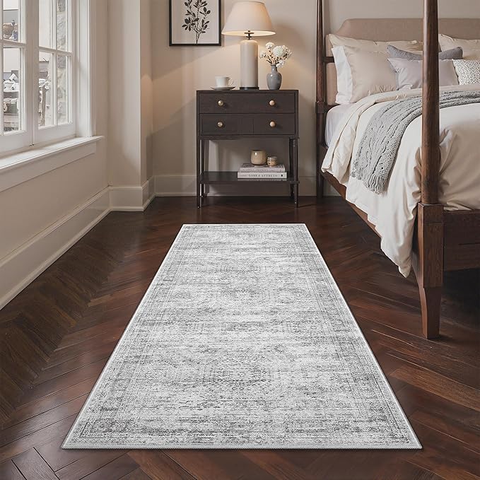 3x8 Runner Rug Non Slip Washable for Entryway, Vintage Hallway Runner for Front Porch, Laundry Room, Bedroom, Abstract Stain Resistant Thin Indoor Kitchen Mats for Floor(3'x8', Grey/Ivory)
