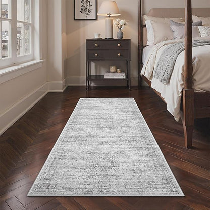 3x8 Runner Rug Non Slip Washable for Entryway, Vintage Hallway Runner for Front Porch, Laundry Room, Bedroom, Abstract Stain Resistant Thin Indoor Kitchen Mats for Floor(3'x8', Grey/Ivory)