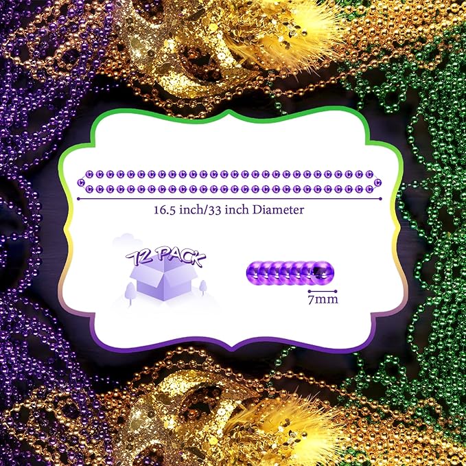 72 PCS Mardi Gras Beads Necklaces, Gold Green Purple Metallic Bead Necklaces 33” 7 mm Mardi Gras Beads Necklaces Accessories Bulk Party Beads Necklaces for Mardi Gras Party, Throw Beads Party Favors