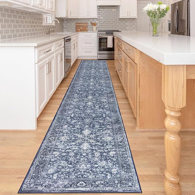 KILOCOCO Runner for Hallway 2.6x16 Runner Rug Printed Vintage Floral Washable Rug Kitchen Runners Soft Non-Slip Low Pile Hallway Runners Laundry Room Distressed Boho Rugs, Blue