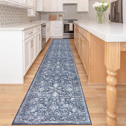 KILOCOCO Runner for Hallway 2.6x16 Runner Rug Printed Vintage Floral Washable Rug Kitchen Runners Soft Non-Slip Low Pile Hallway Runners Laundry Room Distressed Boho Rugs, Blue