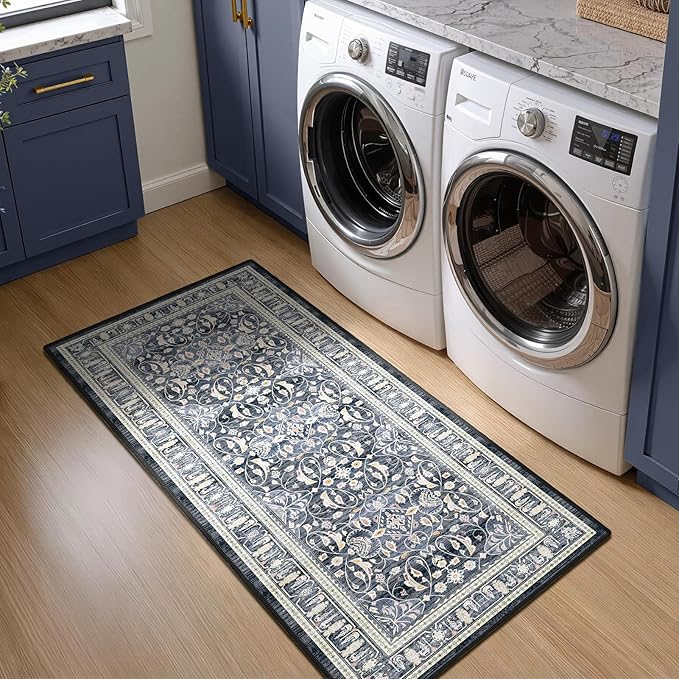 Dark Blue 2x5 Rug Runners for Hallways, Non Slip Machine Washable Kitchen Runner, Low Pile Lightweight Carpet Runner for Entryway/Bathroom/Corridor/Laundry Room, Transitional Floral Trellis