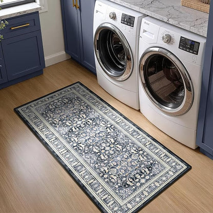 Dark Blue 2x5 Rug Runners for Hallways, Non Slip Machine Washable Kitchen Runner, Low Pile Lightweight Carpet Runner for Entryway/Bathroom/Corridor/Laundry Room, Transitional Floral Trellis
