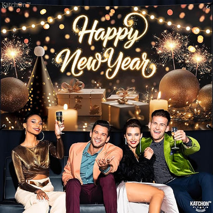 KatchOn, XtraLarge Happy New Year Banner - 72x44 Inch | NYE Backdrop for New Years Eve Party Supplies 2026 | Happy New Year Decorations 2026 | NYE Decorations 2026 | New Years Decorations