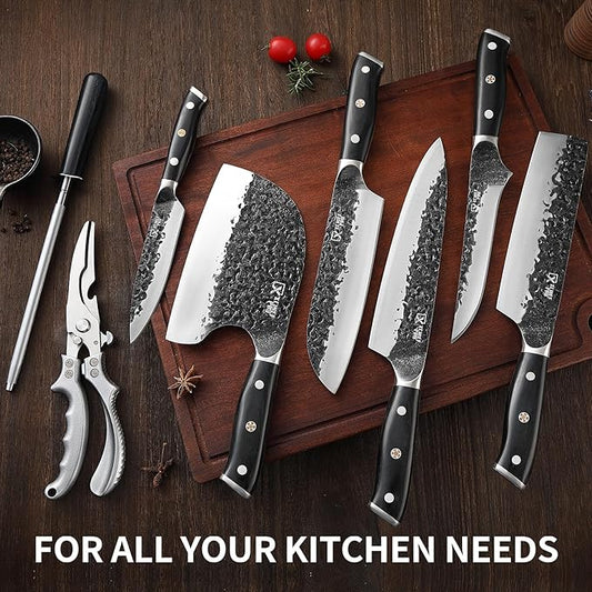 Chef Knife Set, Hand Forged Meat Boning Carving Cleaver Butcher Knife, High Carbon Steel Japan Nakiri Santoku Knife Set with Accessories for Kitchen, BBQ Camping Knives Set with Bag