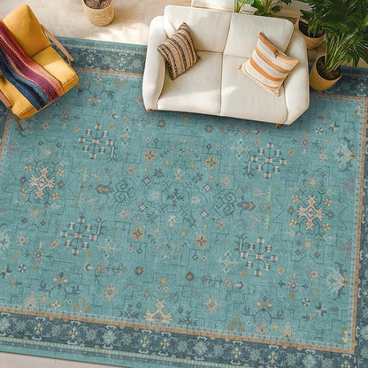 Boho Teal 7x9 Soft Rugs for Living Room, Washable Turquoise Rug for Bedroom Under Bed, Vintage Non Slip Floral Dining Room Carpet, Low Pile Soft Fade Resistant