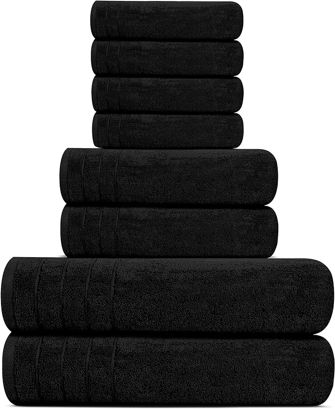 Tens Towels Pack of 8 Towels Set, 2 Extra Large Bath, 2 Hand, 4 Washcloths, 100% Cotton, Lighter Weight, Quicker to Dry, Super Absorbent, Perfect for Bathroom, Black