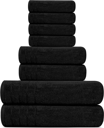 Tens Towels Pack of 8 Towels Set, 2 Extra Large Bath, 2 Hand, 4 Washcloths, 100% Cotton, Lighter Weight, Quicker to Dry, Super Absorbent, Perfect for Bathroom, Black