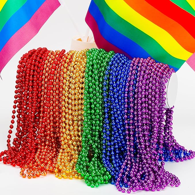 120 PCS Pride Beads Necklace, 33" Rainbow Bead Necklaces Bulk, Plastic LGBT Beads Necklace Metallic Pride Stuff Pride Month Parade Costume Accessories 6 Colors Gay Lesbian Party Supplies