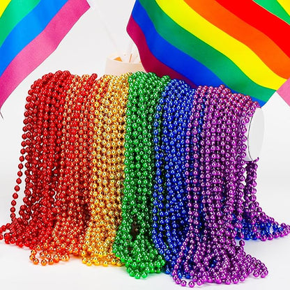 120 PCS Pride Beads Necklace, 33" Rainbow Bead Necklaces Bulk, Plastic LGBT Beads Necklace Metallic Pride Stuff Pride Month Parade Costume Accessories 6 Colors Gay Lesbian Party Supplies