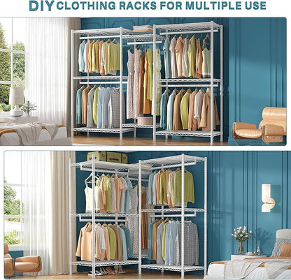 Raybee Clothing Rack for Hanging Clothes,Heavy Duty Clothes Rack with Shelves,Portable Closet,Adjustable,Metal,Max Load 900lbs,White
