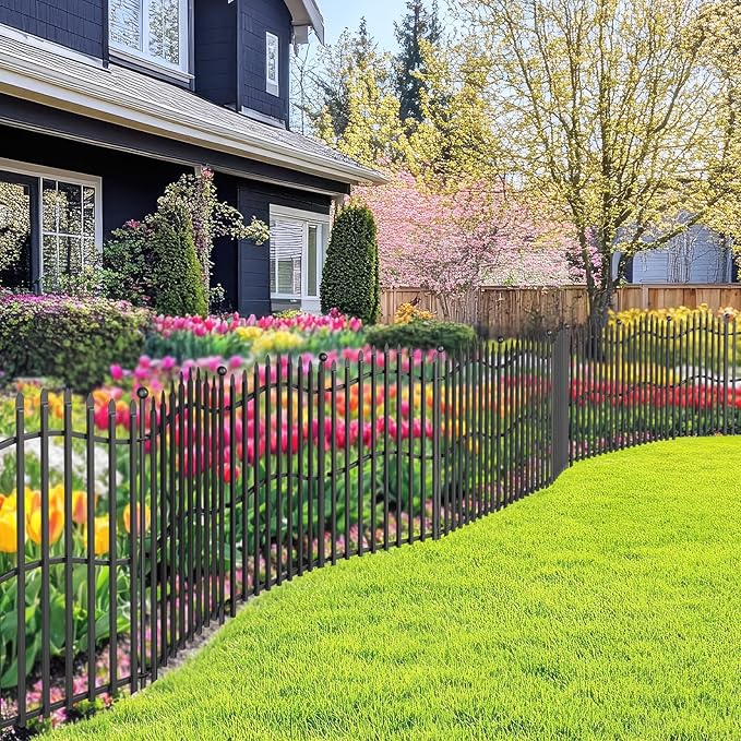 10 Panels No Dig Decorative Garden Fence with Gate - 32in H x 22.5ft L, Reinforced Square Tube Rustproof Tall Animal Barrier for Dogs & Rabbits, Outdoor Yard Border Fencing