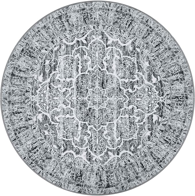 KUTA Vintage Round Rugs 5ft, Grey Blue White Washable Circle Rug 5ft, Non-Slip Printed Medallion Carpet for Living Room, Soft Cozy Dining Kitchen Throw for Entryway