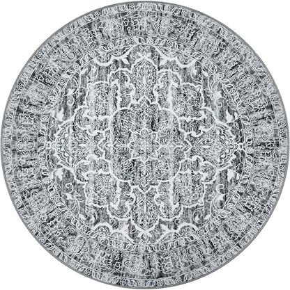KUTA Vintage Round Rugs 5ft, Grey Blue White Washable Circle Rug 5ft, Non-Slip Printed Medallion Carpet for Living Room, Soft Cozy Dining Kitchen Throw for Entryway