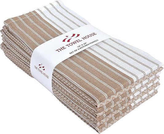 Premium Cotton Weave Kitchen Towels Set – Ultra Absorbent, Quick-Dry Dish Towels with Hanging Loop – Extra Large 18x28 Inches – Beige (Pack of 8)