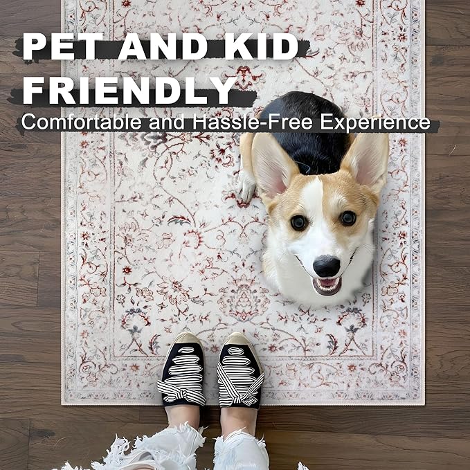 KILOCOCO Area Rug 5x7 Living Room Rug Washable Printed Vintage Floral Non Slip Soft Rubber Backed Indoor Bedroom Rugs for Laundry Room Kitchen Playroom Moroccan Area Rugs, White