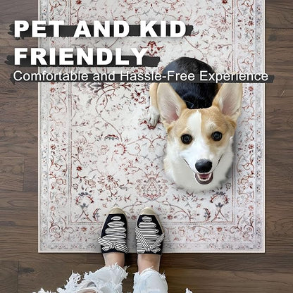 KILOCOCO Area Rug 5x7 Living Room Rug Washable Printed Vintage Floral Non Slip Soft Rubber Backed Indoor Bedroom Rugs for Laundry Room Kitchen Playroom Moroccan Area Rugs, White