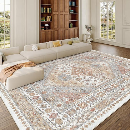 zesthome 8x10 Area Rugs for Living Room,Non-Slip Backing Washable Rugs,Vintage Large Area Rug，Stain Resistant Home Decor Rug (Orange,8'x10')