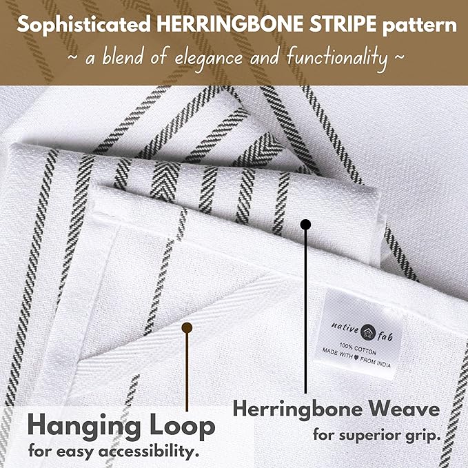 Native Fab 100% Cotton Grey Kitchen Towels 4 Pack 16x26 inches - Herringbone Weave Scandia Stripe Dish Towels for Drying, Absorbent Dish Cloths Set with Hanging Loop - Grey White