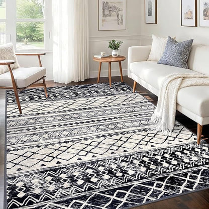 KUTA Morocca Area Rug 5x7 Black Navy Blue, Washable Boho Living Room Rugs Non-Slip, Ultra Soft Geometric Print Traditional Farmhouse Carpet for Dining Room Bedroom Dorm Office Home Decor