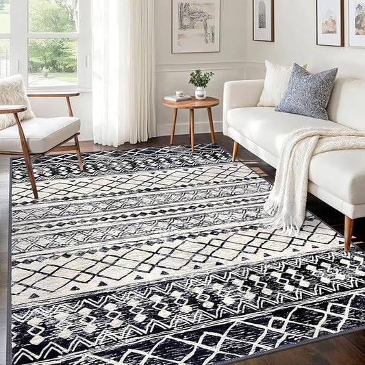 KUTA Morocca Area Rug 5x7 Black Navy Blue, Washable Boho Living Room Rugs Non-Slip, Ultra Soft Geometric Print Traditional Farmhouse Carpet for Dining Room Bedroom Dorm Office Home Decor