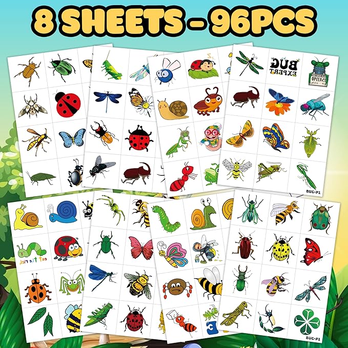 96PCS Bug Temporary Tattoos Pre Cut – Cute Bug Stickers for Kids Toddlers, Ladybug Caterpillar Theme Birthday Party Favors, Spring Summer Decorations, Gifts, Classroom School Prizes (Normal)