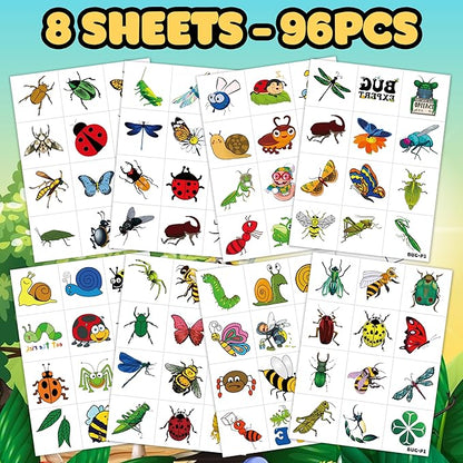 96PCS Bug Temporary Tattoos Pre Cut – Cute Bug Stickers for Kids Toddlers, Ladybug Caterpillar Theme Birthday Party Favors, Spring Summer Decorations, Gifts, Classroom School Prizes (Normal)