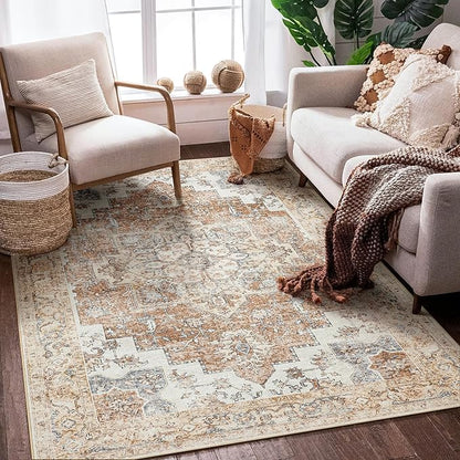 GENIMO 8x10 Area Rugs for Living Room, Machine Washable Non Slip Vintage Retro Rugs, Low Pile Lightweight Chenille Print Rug for Bedroom, Dining Room, Home Office, Orange