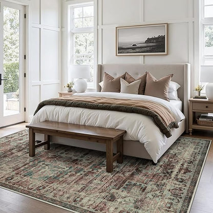 GENIMO Machine Washable 9x12 Area Rugs for Living Room, Non Slip Vintage Rugs, Low Pile Lightweight Chenille Print Rug for Bedroom, Dining Room, Home Office, Dark Scarlet