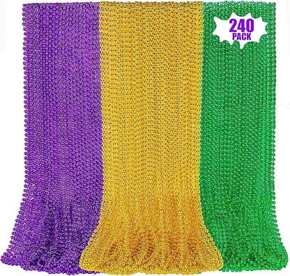 240 Pcs Purple Gold Green Bead Necklace, 33 Inch Mardi Gras Christmas Beads, Bulk Metallic Party Beads for Mardi Gras Parade , St Patricks Day, Wedding, Birthday, Pirate Party, Carnival Party Favors