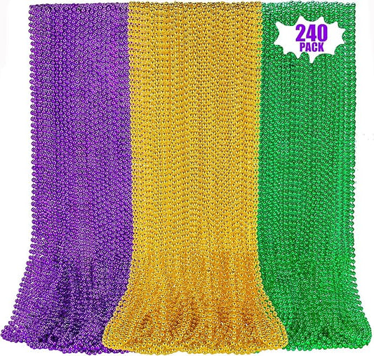 240 Pcs Purple Gold Green Bead Necklace, 33 Inch Mardi Gras Christmas Beads, Bulk Metallic Party Beads for Mardi Gras Parade , St Patricks Day, Wedding, Birthday, Pirate Party, Carnival Party Favors