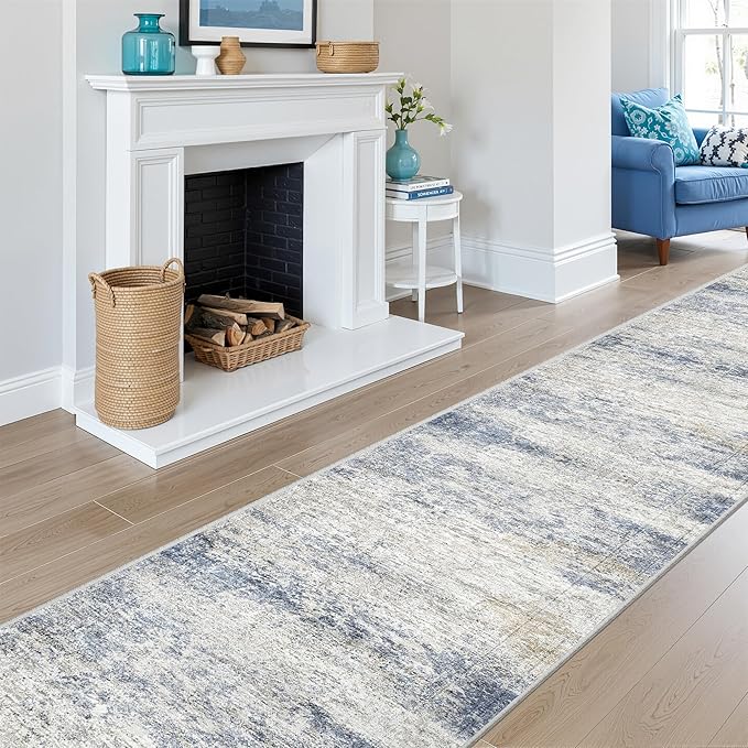 Long Hallway Runner Rug- Carpet Runners for Hallway 12ft, Anti Slip Backing Washable Rug Runner for Entrance, Living Room, Soft Low Pile Mordern Rug Runner(2'x12', Blue/Brown/Ivory)