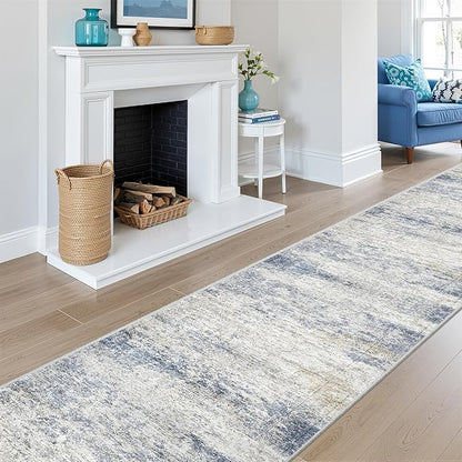 Long Hallway Runner Rug- Carpet Runners for Hallway 12ft, Anti Slip Backing Washable Rug Runner for Entrance, Living Room, Soft Low Pile Mordern Rug Runner(2'x12', Blue/Brown/Ivory)