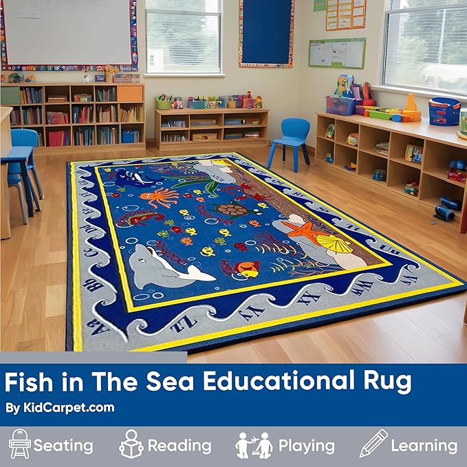 Fish in The Sea Educational Rug 4' x 6' Rectangle, Alphabet Nursery Area Rug for Kids | Learning Rug for Children's Classroom | Kids Playroom Rug | School Carpet for Kids