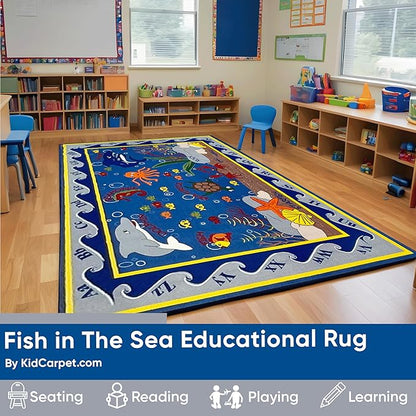 Fish in The Sea Educational Rug 7'6" x 12' Rectangle, Alphabet Nursery Area Rug for Kids | Learning Rug for Children's Classroom | Kids Playroom Rug | School Carpet for Kids