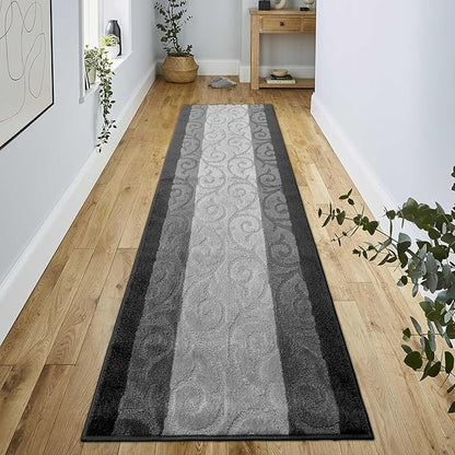 Custom Size Hallway Runner Rug, Slip Resistant, 26 Inch Wide x Your Choice of Length Size, Scroll Anthracite, 26 Inch X 16 Feet, Sold and Priced Per Foot
