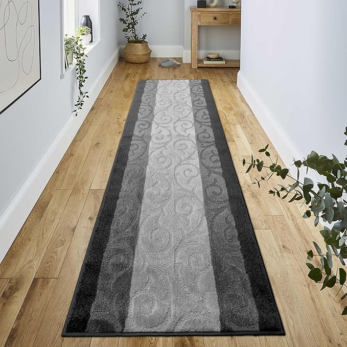 Custom Size Hallway Runner Rug, Slip Resistant, 26 Inch Wide x Your Choice of Length Size, Scroll Anthracite, 26 Inch X 17 Feet, Sold and Priced Per Foot