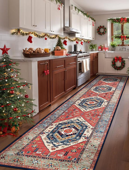 SERISSA Runner Rug for Hallways, 2'6"x12' Washable Non Slip Kitchen Runner Rug, Extra Long Boho Rug Ultra Soft Vintage Rust Print Floor Carpet for Bedroom Hallway Entryway Bathroom Laundry Room