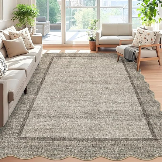 GarveeHome Scalloped Washable Rugs for Entryway 3x5 Rug Super Soft Entry Rug Non-Slip, Printed Faux Wool Floral 3x5 Area Rug Thin Floor Carpet for Kitchen, Bedroom, Office, Living Room, Brown