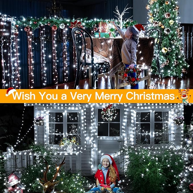 Ollny Christmas Lights 800 LED 262 FT Plug in, IP67 Waterproof Green Wire Outdoor Christmas Lights with Remote, 8 Modes and Timer Christmas Tree Light for House Indoor Xmas Decorations (Cool White)
