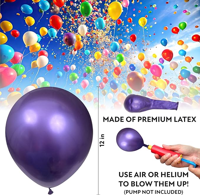 Purple Balloons 100 Pack, 12 Inch Metallic Purple Balloons For Birthdays, Weddings, Baby Showers, Holidays