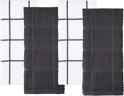 Sticky Toffee Cotton Kitchen Towels Set of 4, Gray and White, 28 x 16 in, Absorbent Reusable Hand and Dish Towels, Tea Towels, Oeko-Tex Certified