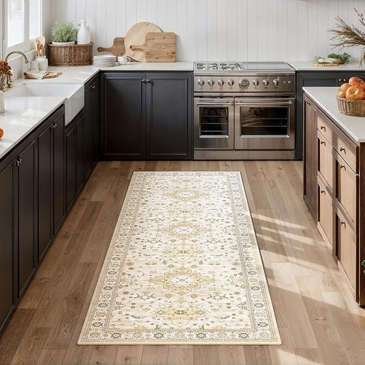Washable 2x6 Runner Rugs for Kitchen Hallway,Beige Boho Rug for Bedroom Bedside Laundry Room Bathroom Rug, Non Slip Low Pile Soft 24 x 72 Floor Modern Carpet, Beige/Gold