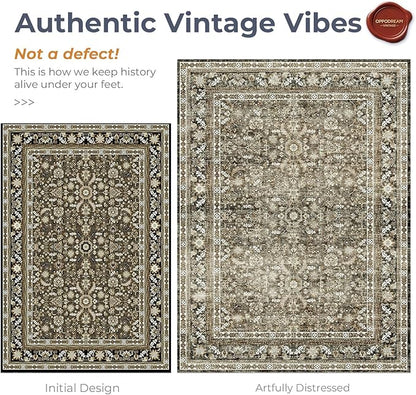 OPPODREAM Thin Vintage Brown 2x6 Runner Rug, 2 x 6 Retro Washable Rug Non Slip, Low-Pile Faux Wool Carpet, Distressed Floor Mat for Kitchen, Hallway, Entry-Way, Entrance, Indoor Back Door