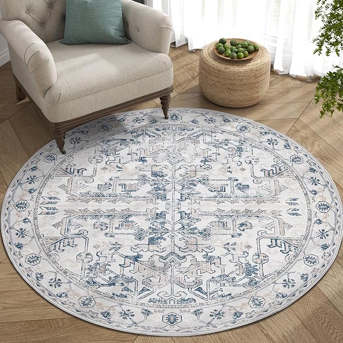 jinchan Round Rug 4ft Vintage Machine Washable Area Rug Kitchen Indoor Circle 4' Ultra-Thin Non-Slip Floral Print Carpet for Farmhouse Entryway Dining Room Living Room Bedroom Office (4'Round,Blue)